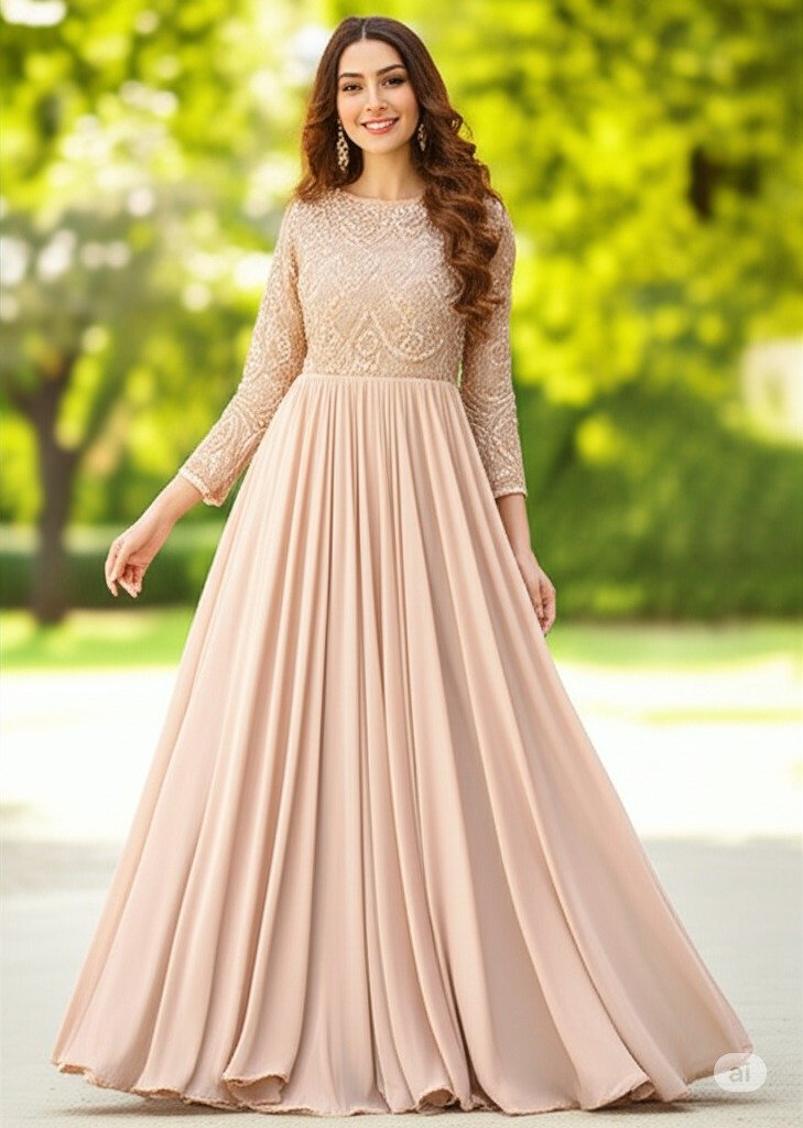 LONG PARTY WEAR BEAUTIFUL DRESS BEIGE COLOR